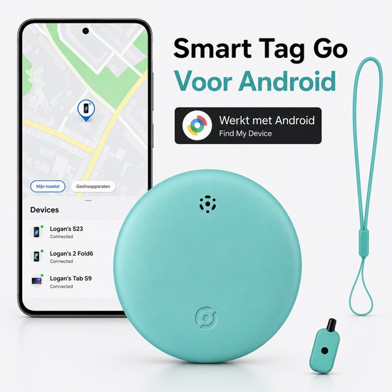 Lichtblauwe tracker naast een smartphone met de 'Find My Device'-app die een lijst met apparaten toont.