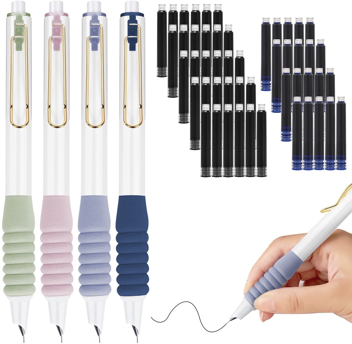 Dailygoody - Intrekbare fonteinpen - Schrijfpen 0,38 mm - Zachte antislip grip - Navulbare inkt - Geschikt voor school en kantoor - 4 stuks