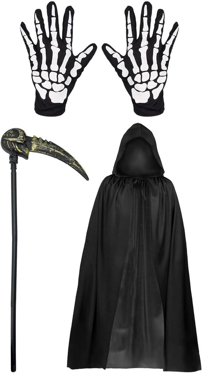 Doden kostuum met hoed, handschoenen en zeis - Perfect voor Halloweenfeest - Maat L, griezelige outfit voor volwassenen