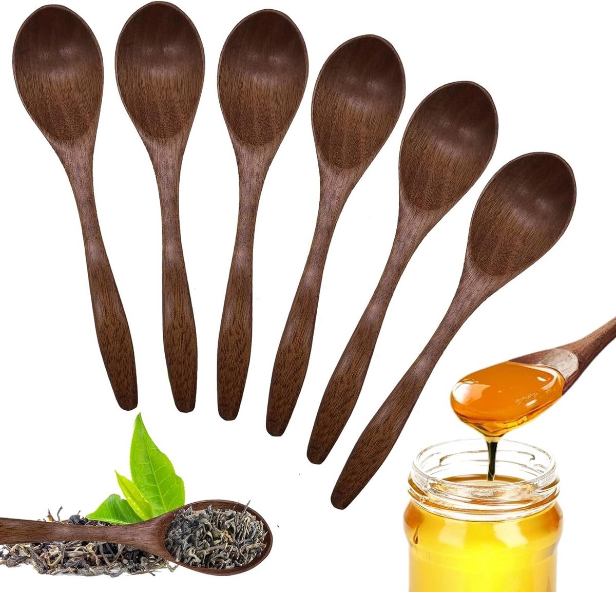Set van 6 Houten Lepels - Handgemaakte Lepels voor Honing, Koffie en Chocolade - Keuken Gereedschap