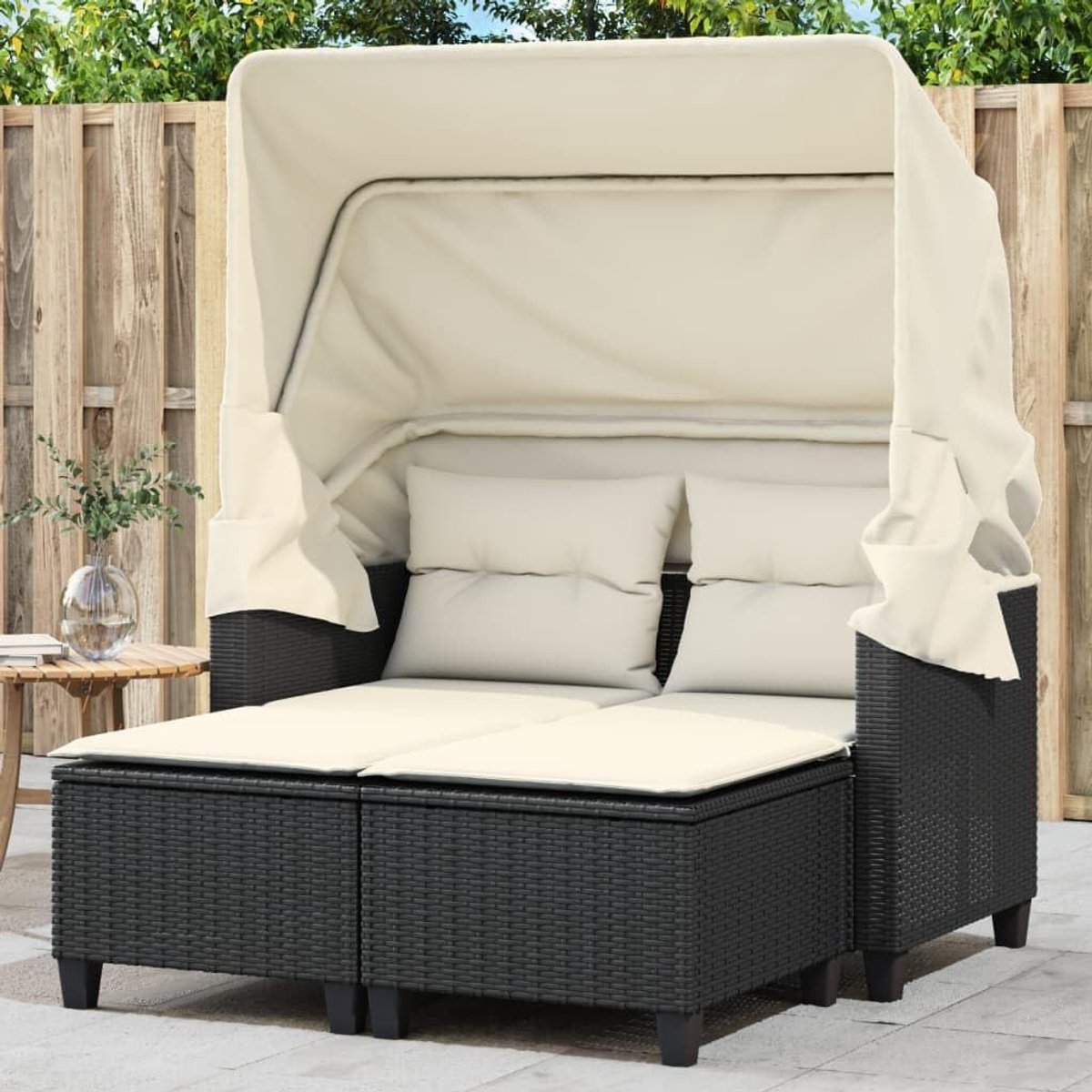 Tuinbank met dak - Loungeset buiten - Buiten ontspannen - Inclusief voetenbank - 123 cm breed - Zwart crèmewit