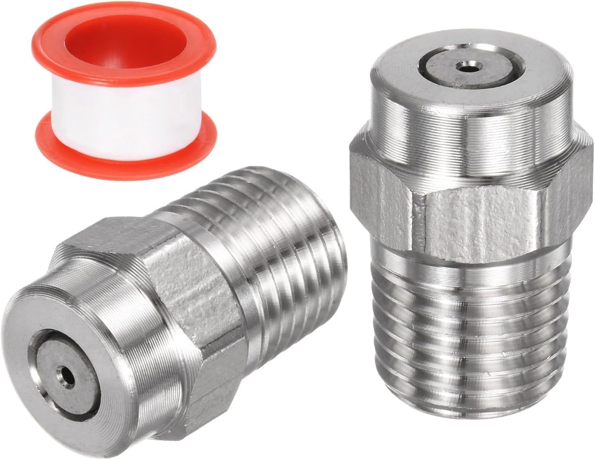 2 Stuks Vervangende Spuitmonden voor Hogedrukreiniger - 0 Graad 1/4 Inch NPT Mannelijk, RVS met Sealing Tape, Ideaal voor Effectieve Reiniging en Precisie Spuiten