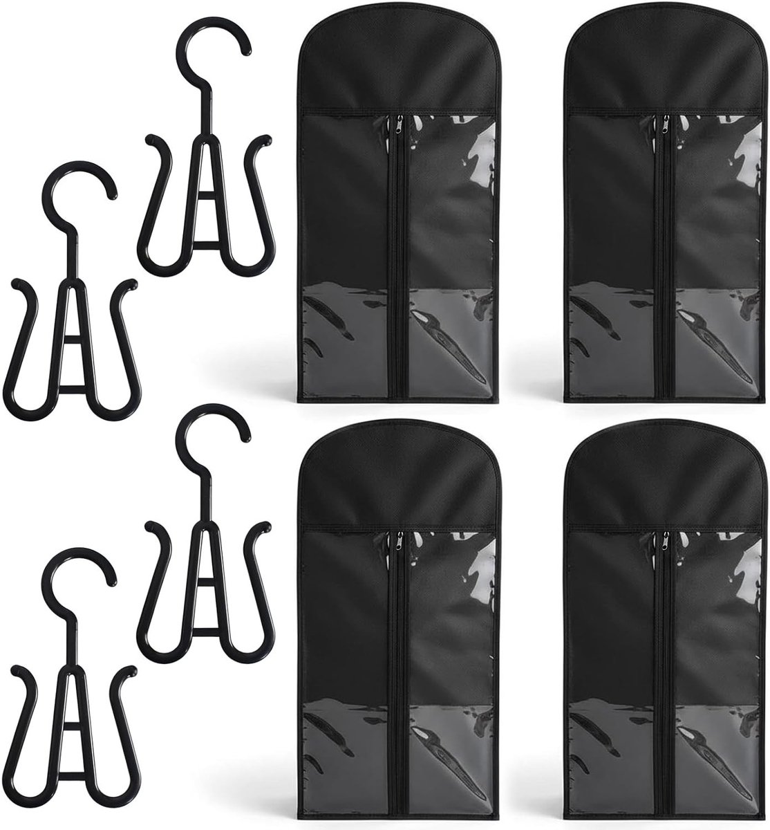 Wigopslagzakken - 4 Stuks, Stofdichte Tas met Hanger en Transparant Venster, Ideaal voor Haarstukken en Perücken, 29x60cm (Zwart)