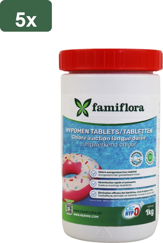 Pot met Famiflora hypomen tabletten, chloor voor zwembaden. Rode dop, witte pot met blauw/groen etiket.