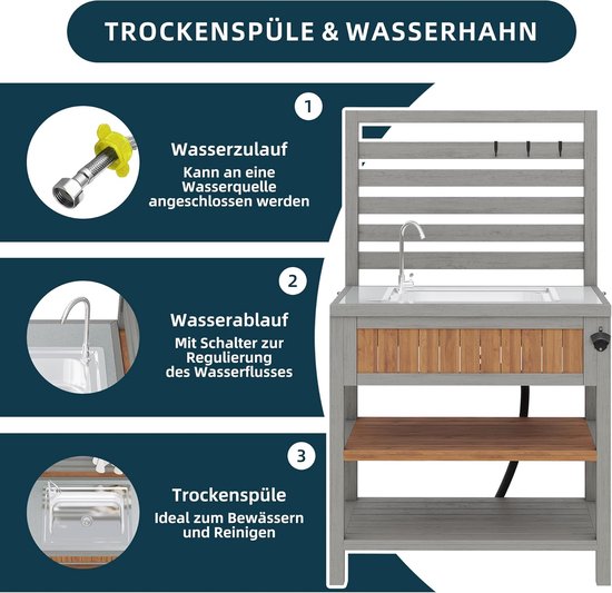Tuinkast Hout - Buitenkast Grillstation - Outdoor Keuken - Waterbekken Met Kraan - 80 x 51 x 119 cm - Natuurhoutkleur — afbeelding 5