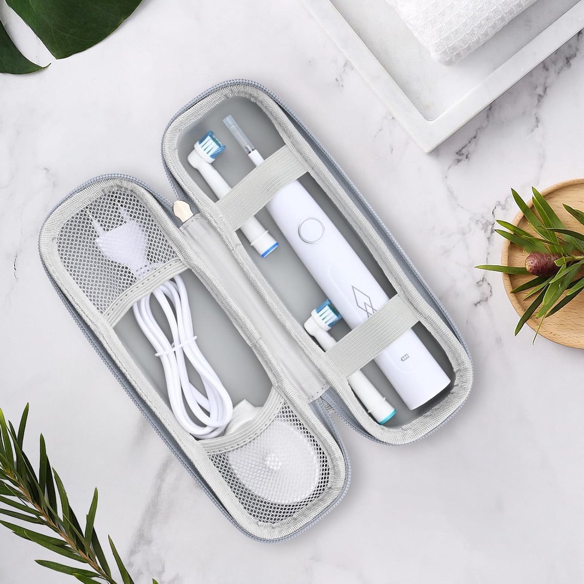 Draagbare opbergdoos voor elektrische tandenborstels, hard reisetui voor bescherming en organisatie, geschikt voor Oral B en Philips Sonicare (Zilver + Gradient) — afbeelding 2