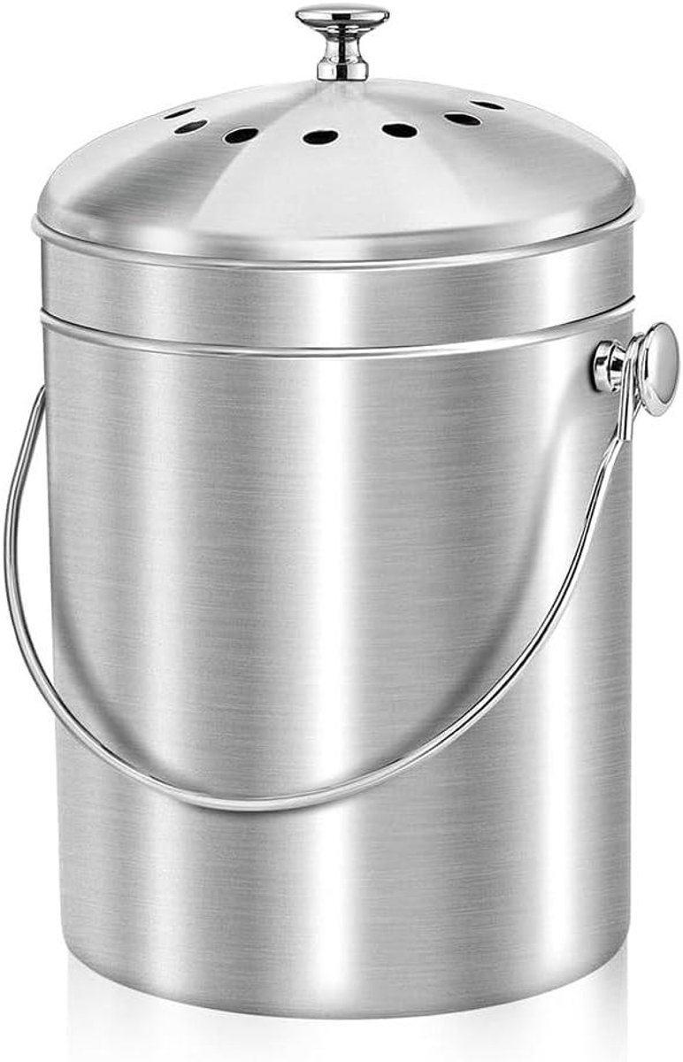 Compostbak Keuken - Voedselafvalemmer GFT-bak - Afval Scheiden - Geurloos met Filter - 13 Gallon - Zilverkleurig
