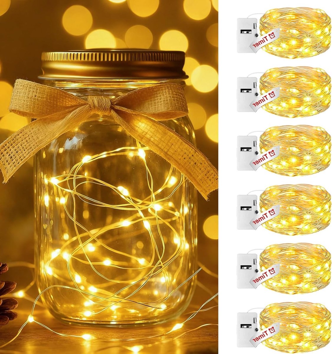 Set van 6 Mini Fairy Lights op Batterij met Timer - 2m, 20 LED's, Waterdicht, Ideaal voor Feestjes en Bruiloften, Decoratie en Sfeerverlichting