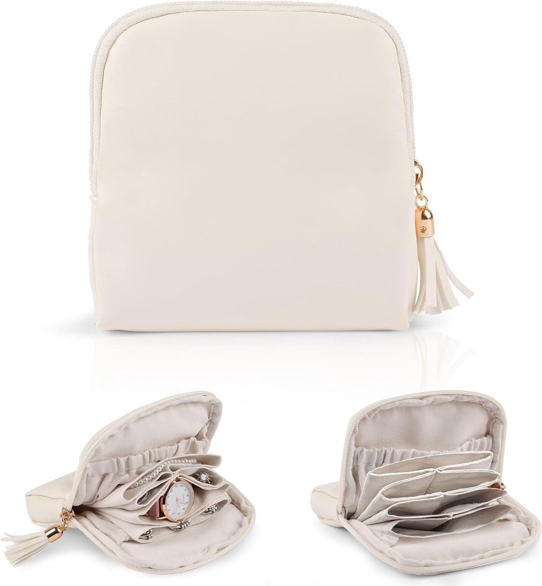 Draagbare sieradenbox met 6 lagen, compacte organizer voor sieraden, munten en accessoires, ideaal als cadeau, beige kleur
