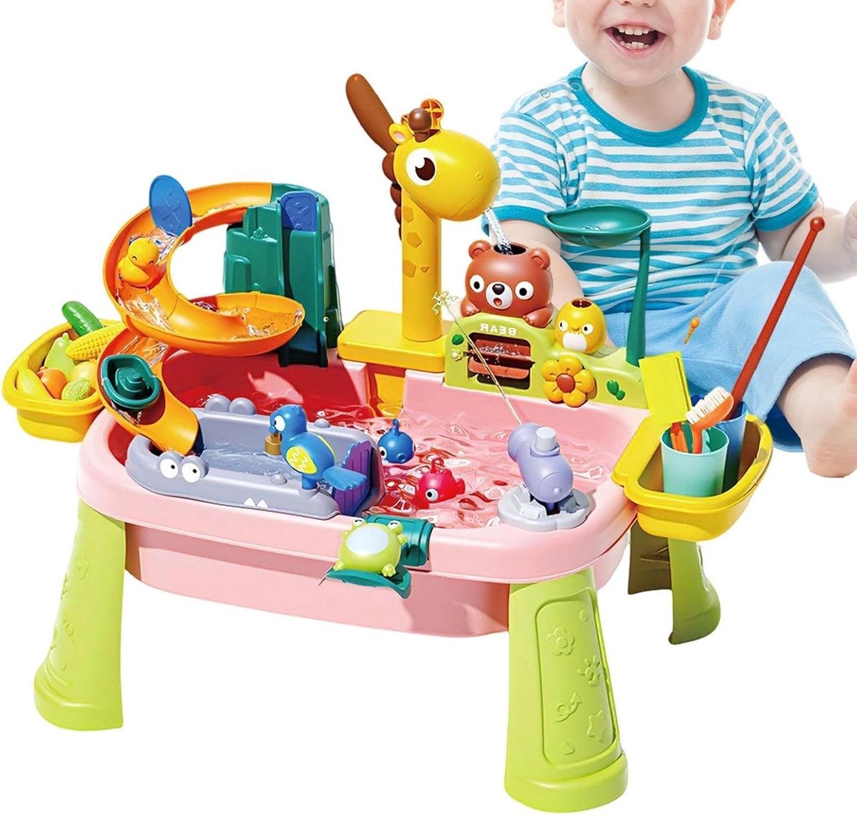 Kinder Waterspeeltafel - Buitenspeelgoed Tafel - Zintuiglijk Spel - Giraffenkraan Met Pomp - 45 x 15 x 335 cm - Roze