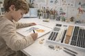 Jongetje tekent draak met vlammen in schetsboek, met de 22-delige tekenset. Doos "Sketching Set" op de achtergrond.