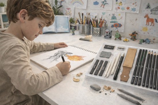 Jongetje tekent draak met vlammen in schetsboek, met de 22-delige tekenset. Doos "Sketching Set" op de achtergrond.