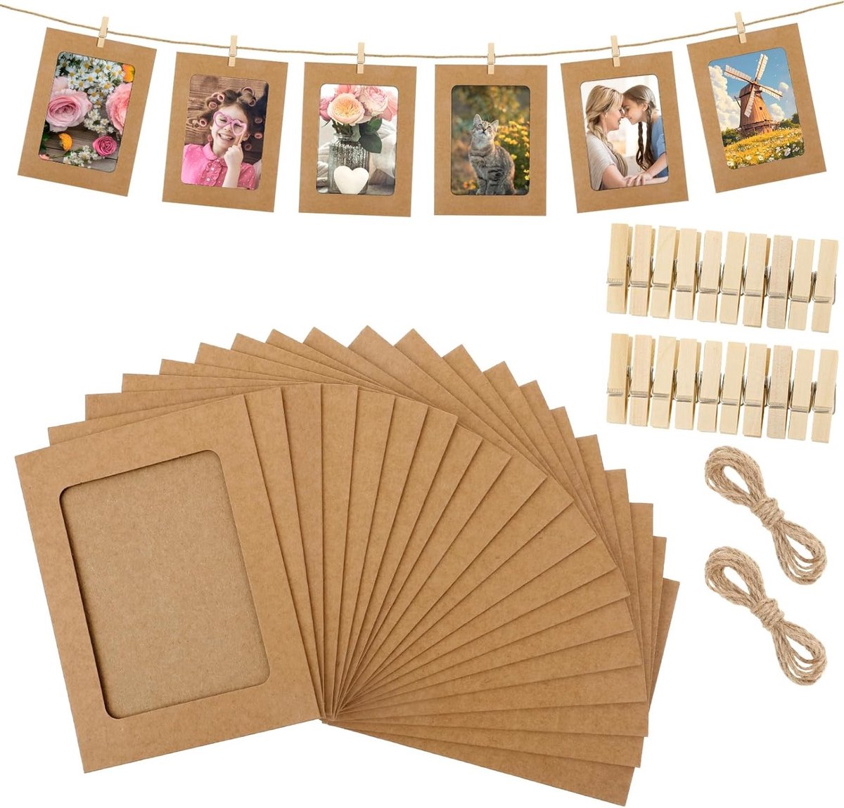 Set van 20 Kraft Papieren Fotolijsten met Houten Clips en Cardboard Fotolijsten voor Thuis, School en Feestjes, 11.5 x 15.5 cm, Perfect voor DIY en Decoratie