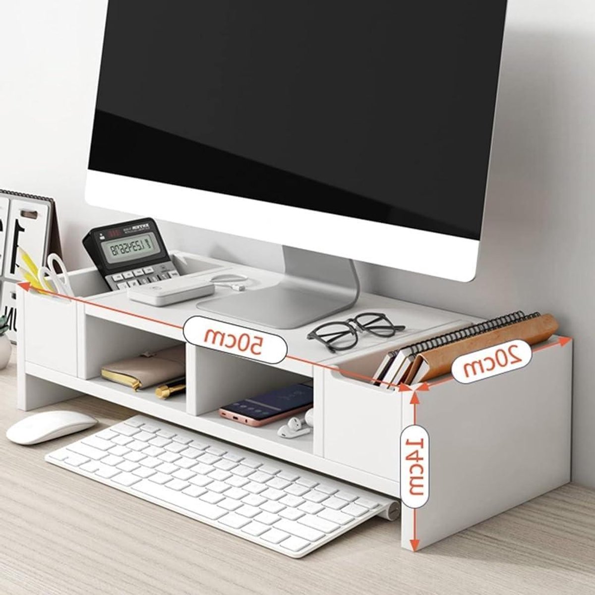 Monitorstandaard - Bureau organizer - Ergonomisch werken - Twee opbergniveaus - 2 Lagen - Wit