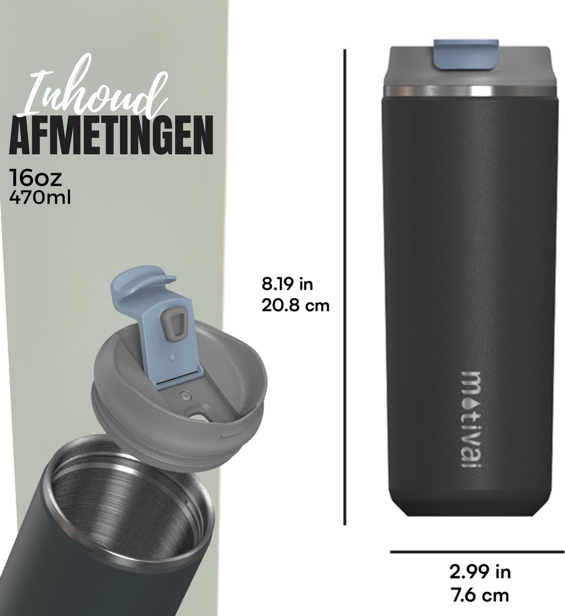 Motivai Daily Cup – Thermosbeker To Go – 470ML RVS Thermosmok – Lekvrij – Dubbelwandig Geïsoleerd – BPA-vrij & Duurzaam – Koffiebeker voor Onderweg – Zwart — cadeau in Koken & Dineren - foto 6