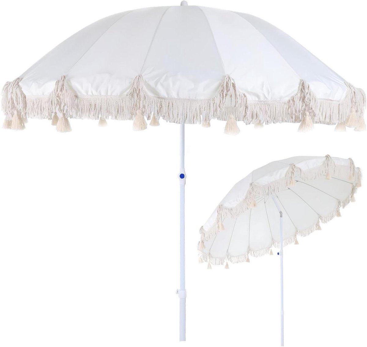 Strandparasol met Franje - Buitenzonnescherm - Zonwering Buiten - UPF 50+ UV Bescherming - 220cm Luifel - Wit