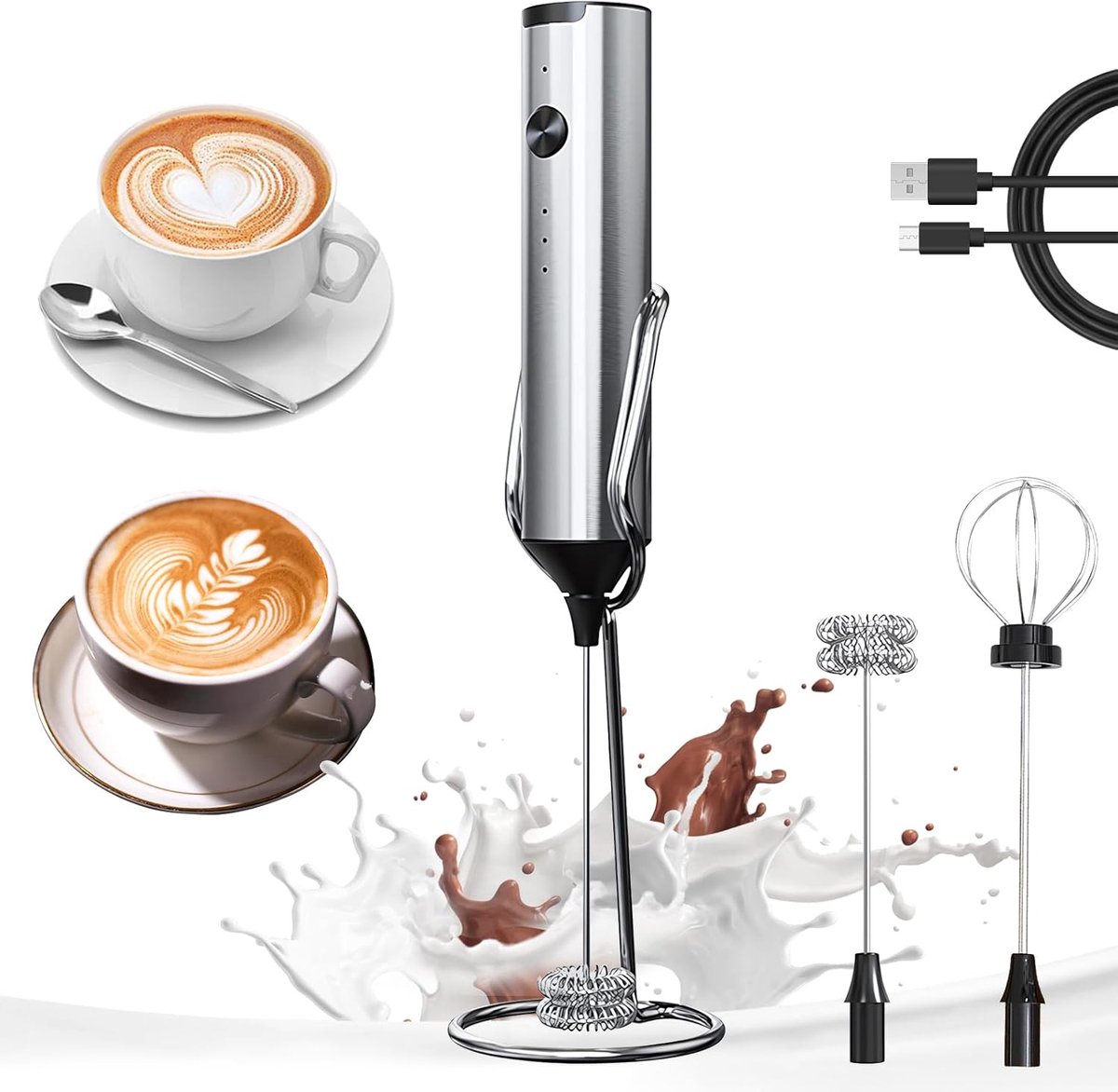 Oplaadbare draagbare elektrische melkschuimer, 3 snelheden, 2 roestvrijstalen kloppers, geschikt voor koffie, latte, shakes en matcha