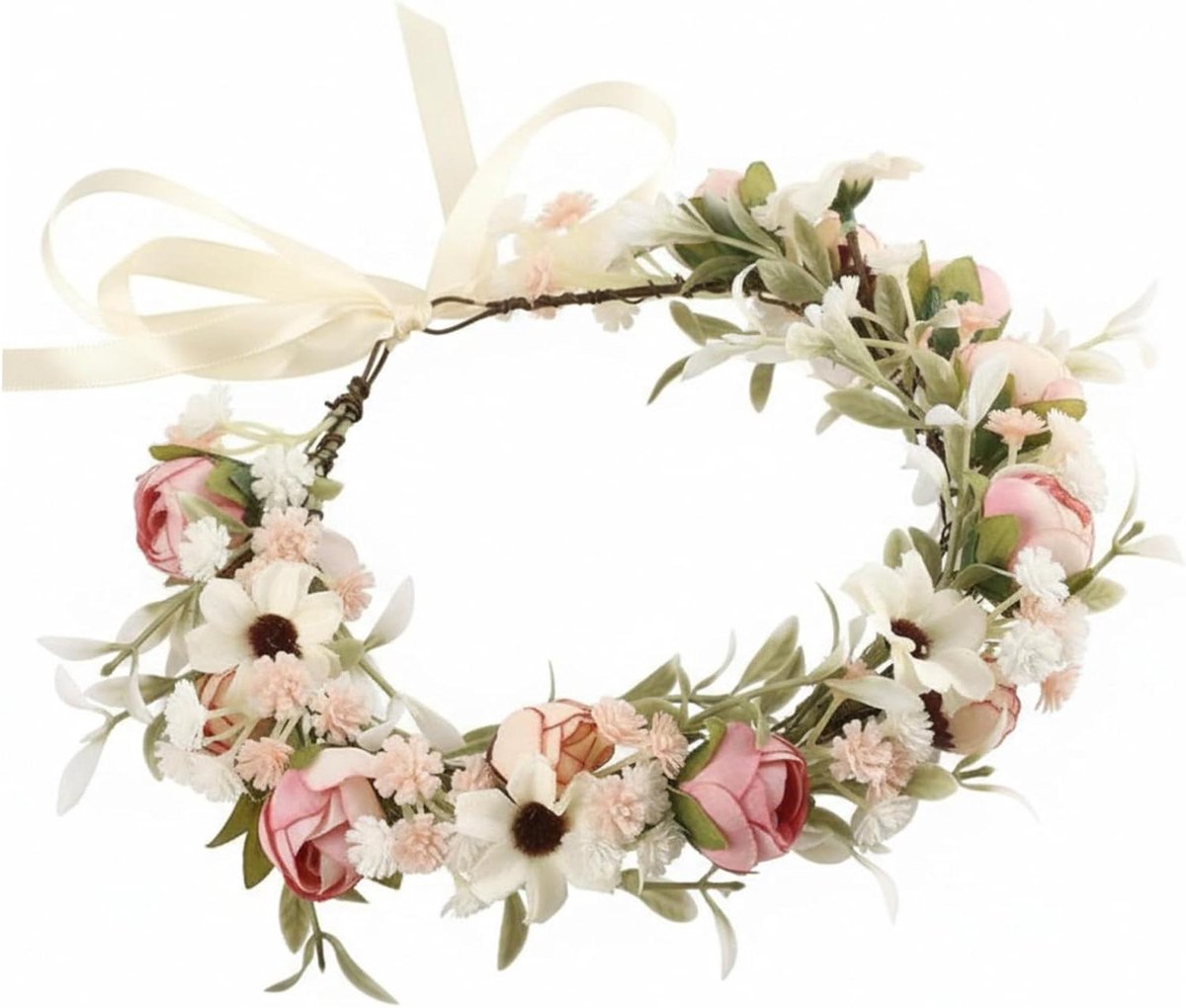 Bruidskroon - Bloemenhoofdband - Feestelijk Accessoire - Verstelbaar Draadlint - 12 x 12 x 3 cm - Wit