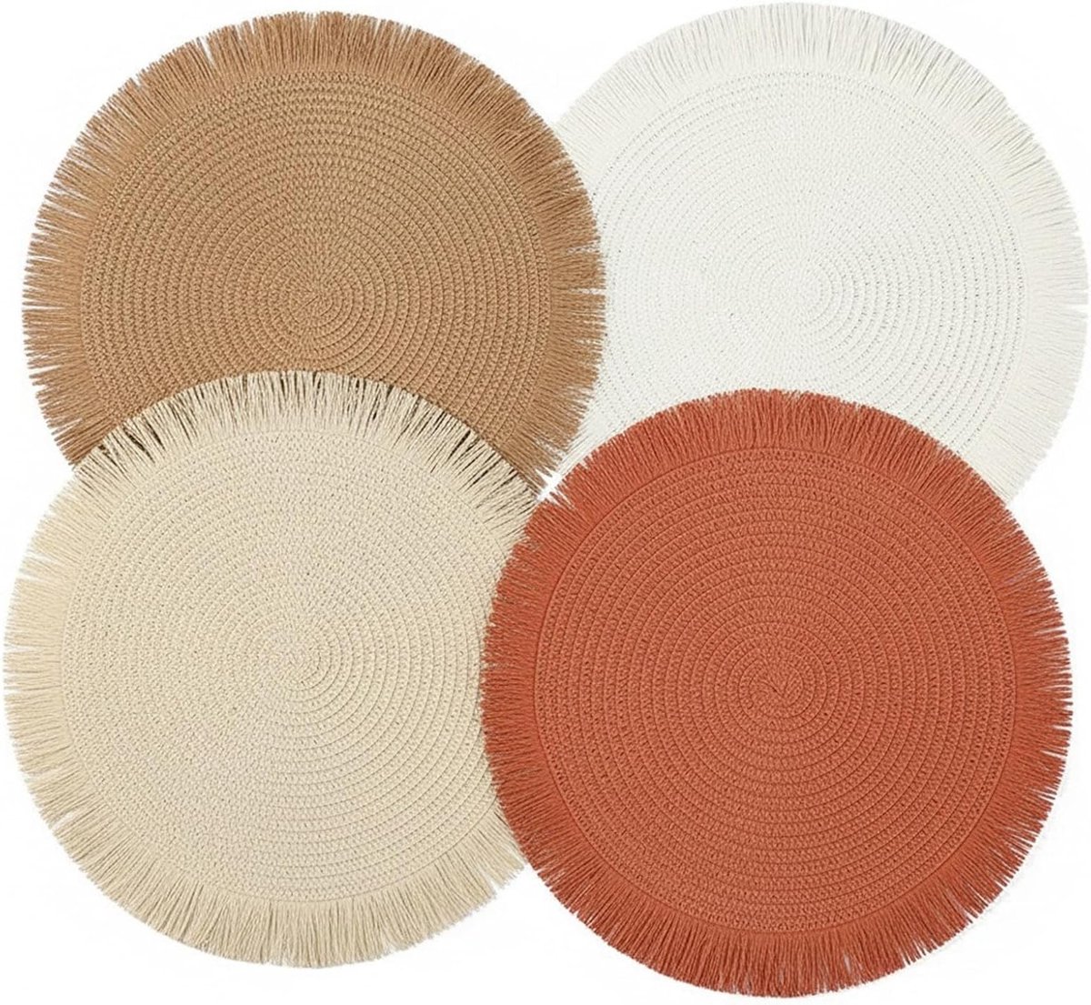 Set van 4 Ronde Onderzetters, Gevlochten Design met Luxe Kwastjes, Antislip, Slijtvast en Hittebestendig voor Keuken, Eetkamer en Thuisdecoratie, 38 cm