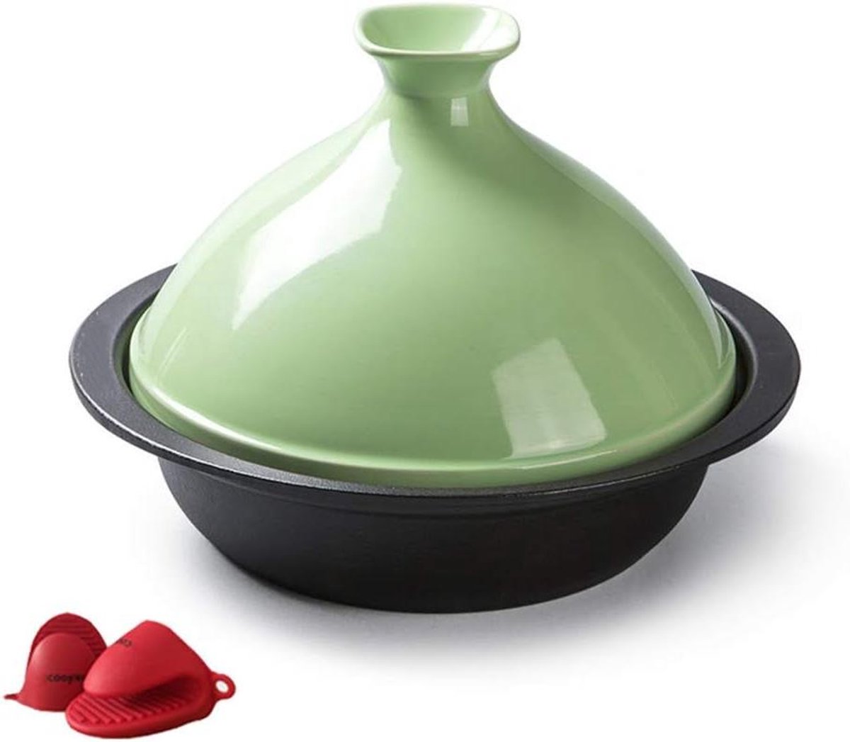 Gietijzeren Tajine - Stoofpot Pan - Langzaam Koken - Kegelvormig Deksel - Medium - Groen