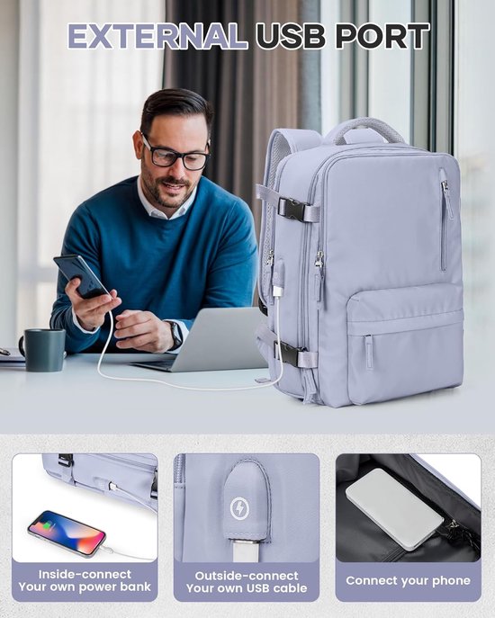 Reisrugzak - Handbagage Tas - Vliegen Zonder Koffers - Inclusief Vacuümpomp - 40x20x25 cm - Grijs Paars — afbeelding 3