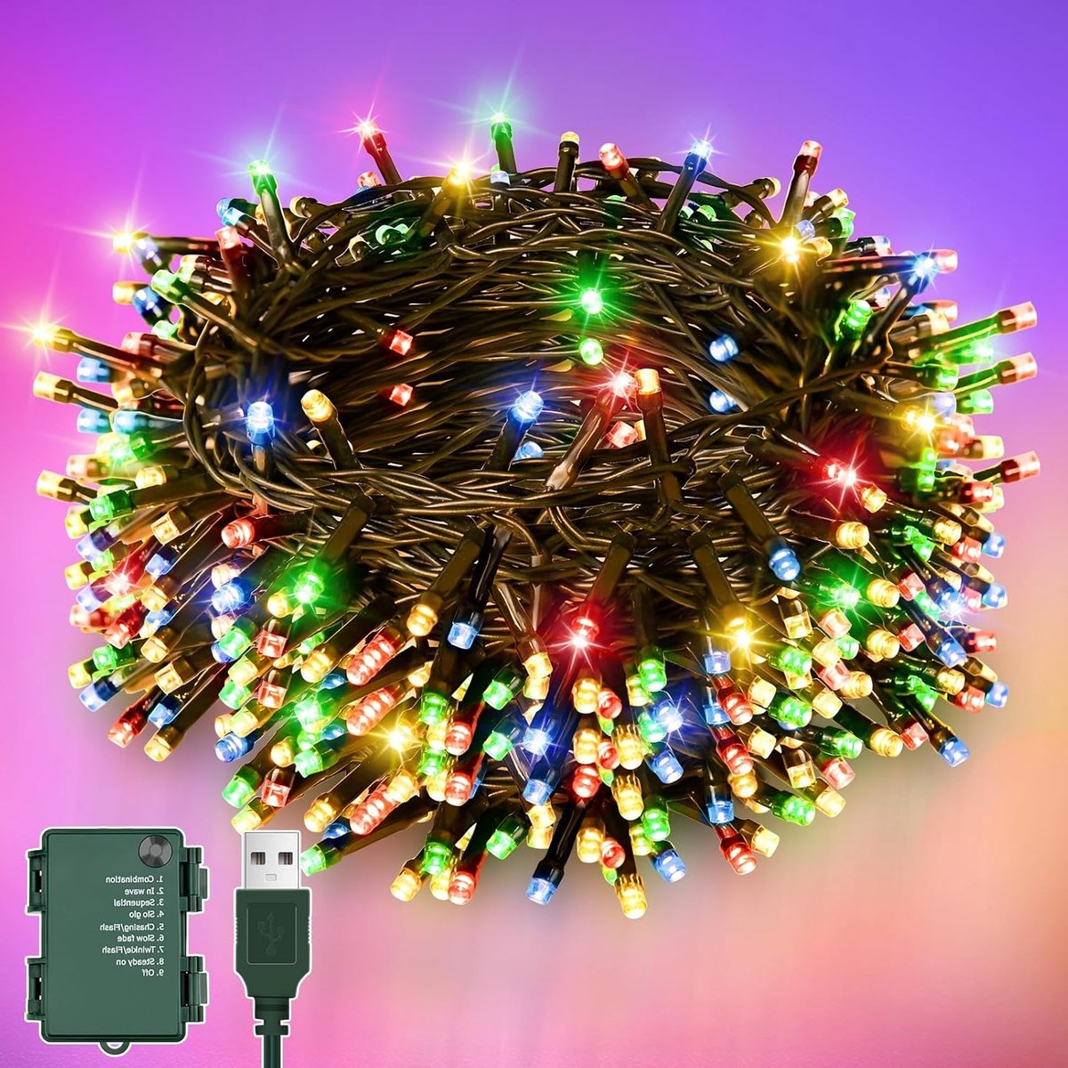 Kleurige LED Sfeerverlichting met Timer, 10 m, 100 LEDs, 8 Verlichtingsmodi, Waterdicht voor Binnen en Buiten, Perfect voor Feesten en Tuindecoratie