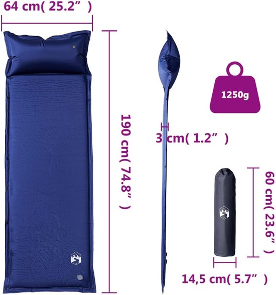 Zelfopblazend Campingmatras - Slaapmat Kamperen - Outdoor Slapen - Traagschuim Vulling - 190 x 64 cm - Marineblauw — afbeelding 5