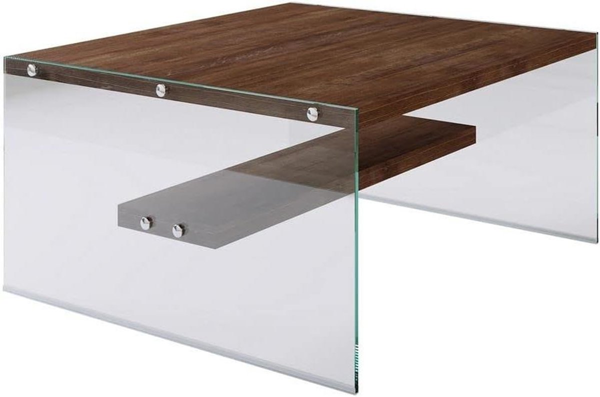 Salontafel Vierkant - Koffietafel Hout Glas - Woonkamer Inrichten - Met Extra Plank - 75 x 75 x 40 cm
