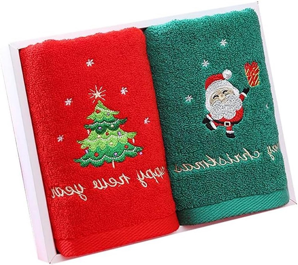 Set van 2 Kerst Handdoeken en Wasdoeken van 100% Katoen, Decoratieve Bad- en Keukenhanddoeken met Kerstpatroon, Perfect als Cadeau voor de Feestdagen