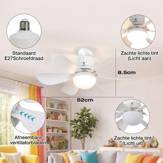 MUPOO E27 Plafondventilator met Verlichting Ø52 cm- Stille plafonventilator afstandsbediening- 3 Kleurtemperaturen &3 Snelheden - Timer & Geheugenfunctie-Voor Slaapkamer Keuken Garage - Wit van MUPOO — afbeelding 4