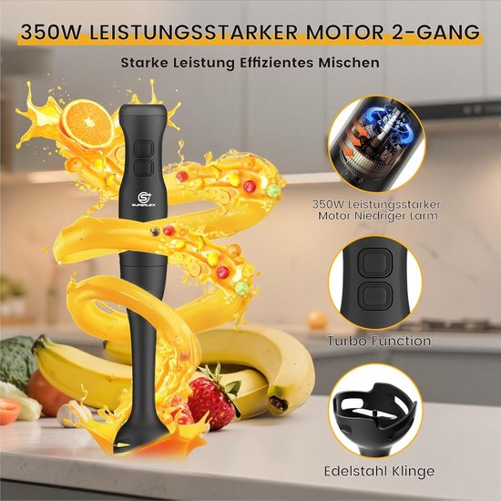 Staafmixer - Handblender Pureerstaaf - Keukenbereidingen - 3-in-1 met accessoires - 382 cm hoog - Zwart — afbeelding 2