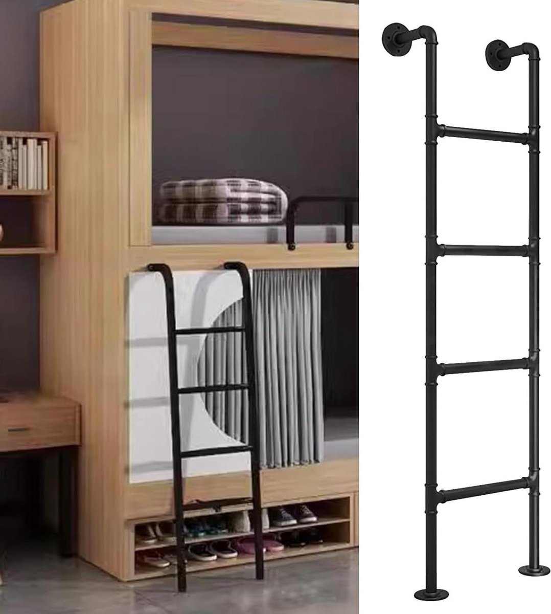 Stapelbedladder Metaal - Hoogslaper Ladder - Veilig Klimmen - Veelzijdig Gebruik - 124.5-165 cm - Zwart