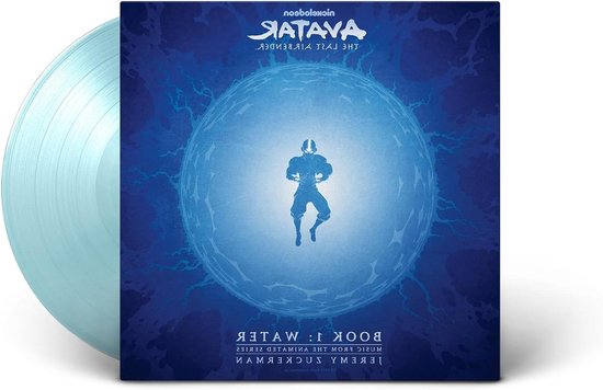Avatar The Last Airbender soundtrack vinyl, met Aang in het midden van een blauwe energiebol.