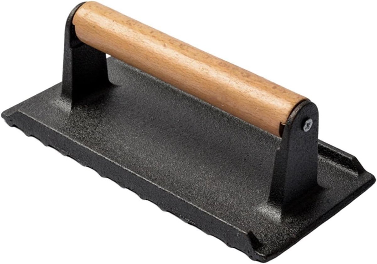 Vleespers Gietijzer - Burger Smasher - Gelijkmatig Grillen - Ergonomische Houten Handgreep - 16 x 8 cm - Zwart