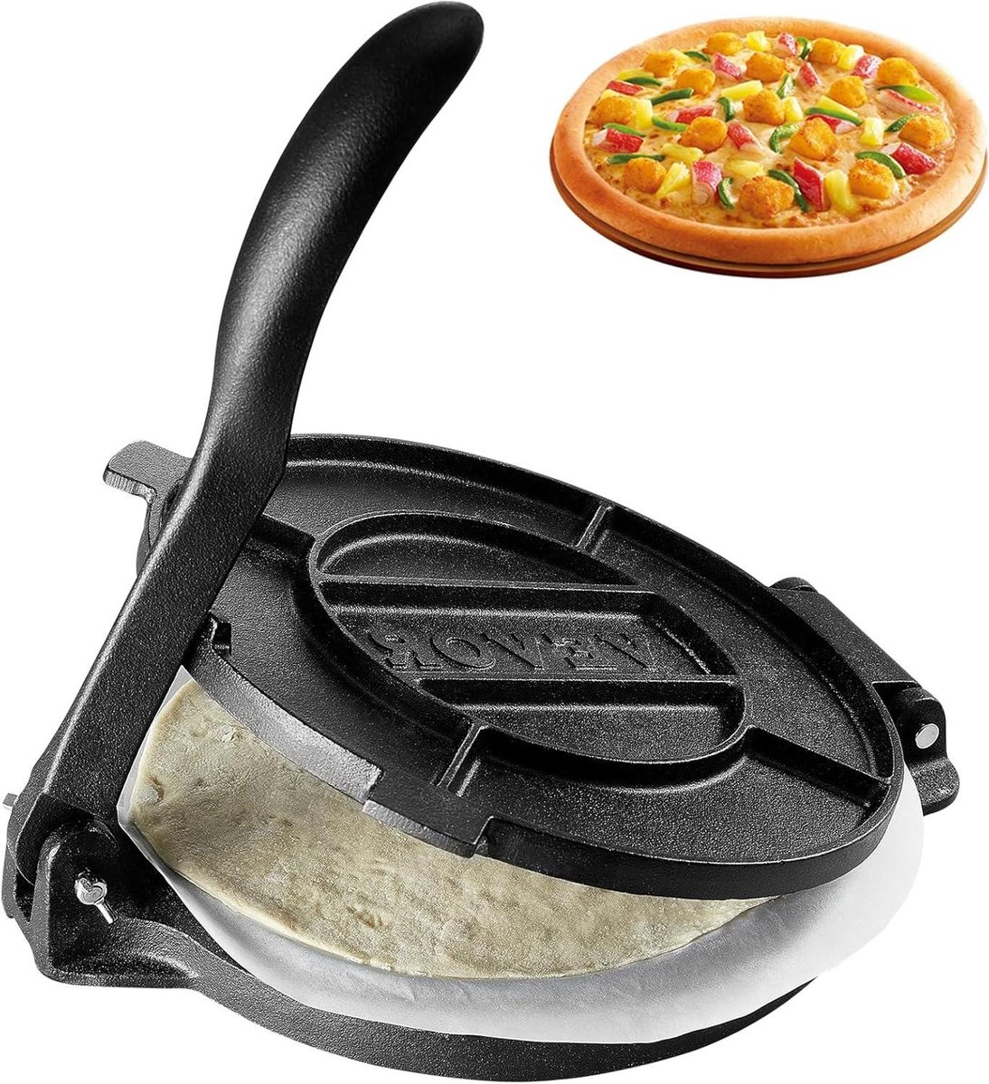 Tortillapers Gietijzer - Deegpers Roti Maker - Plat Brood Maken - Voorgekruid Zonder Montage - 25.5 cm - Zwart
