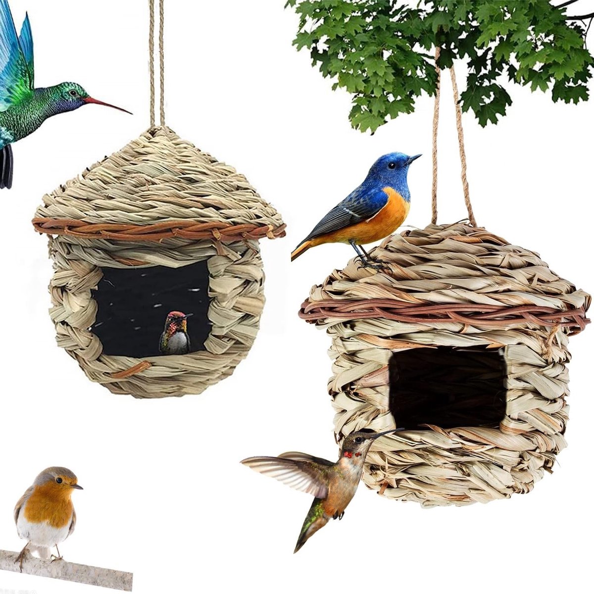 Handgemaakte Vogelhuisjes, 2 Stuks Geweven Vogelnetten voor Vogels, Perfecte Nestgelegenheid voor Koolmezen en Andere Vogelsoorten