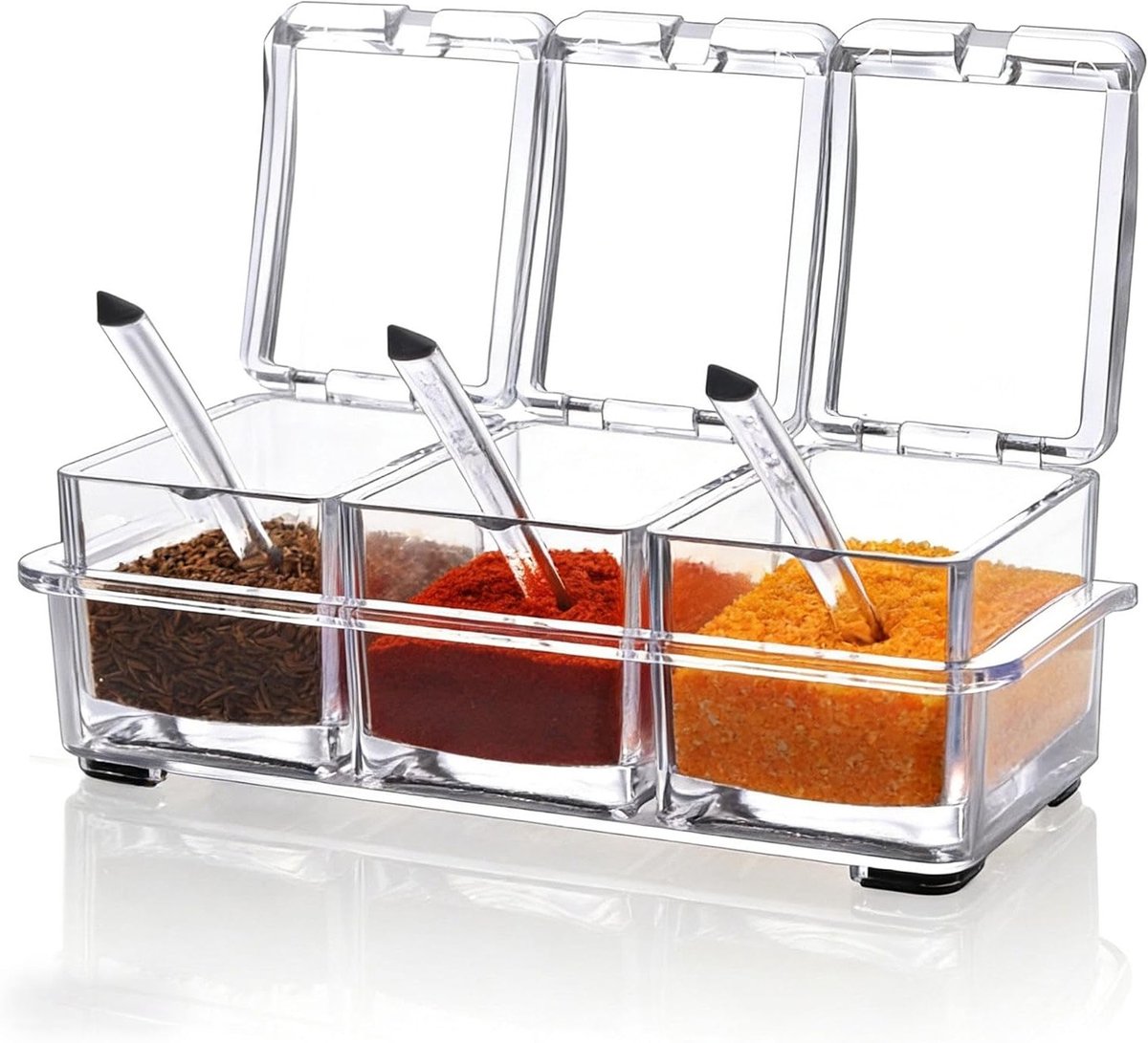 Set van 3 transparante kruidenboxen met deksel en lepels voor kruidenopslag en organisatie