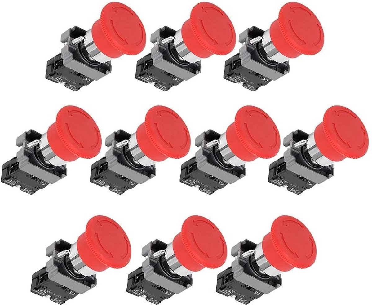Noodstopknop Set van 10 Stuks, 240V, Voor Controle van Startapparatuur, Betrouwbare Contactsystemen en Duurzame Zilverlegering