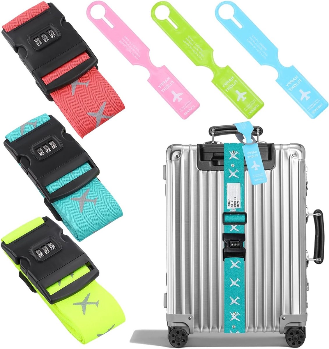 Kofferriemen met cijferslot, slijtvast en reflecterend, set van 3 met bagagelabels voor koffers van 50 tot 81 cm