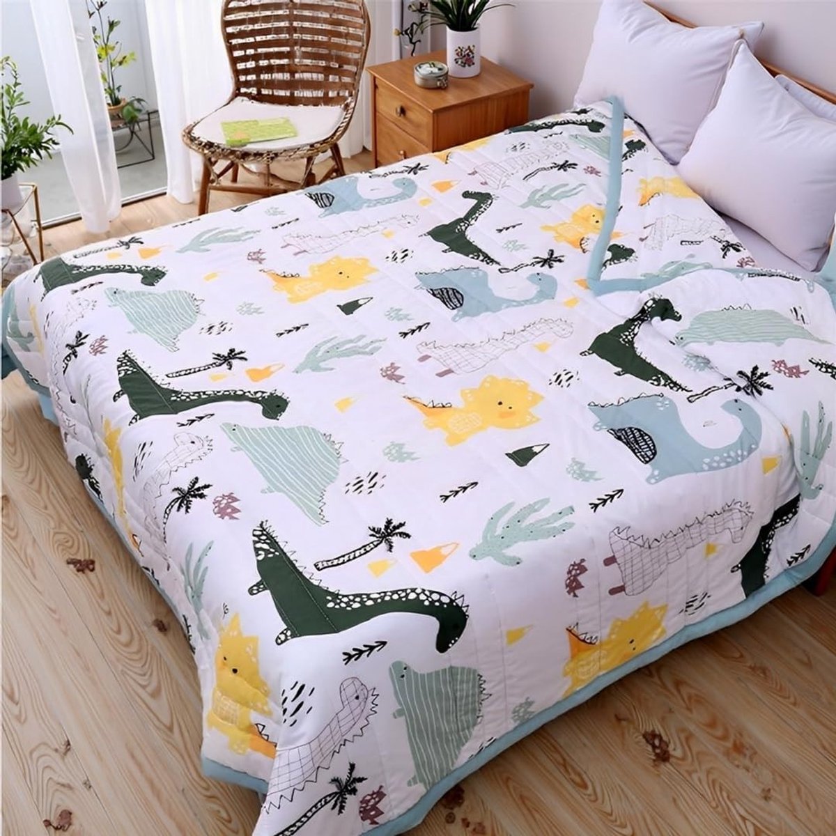 Reversible Bedsprei voor eenpersoons en tweepersoonsbed, Microfiber Dekbedovertrek, Decoratieve Quilt en Sofa Dekentje (dino's, 200x220cm)