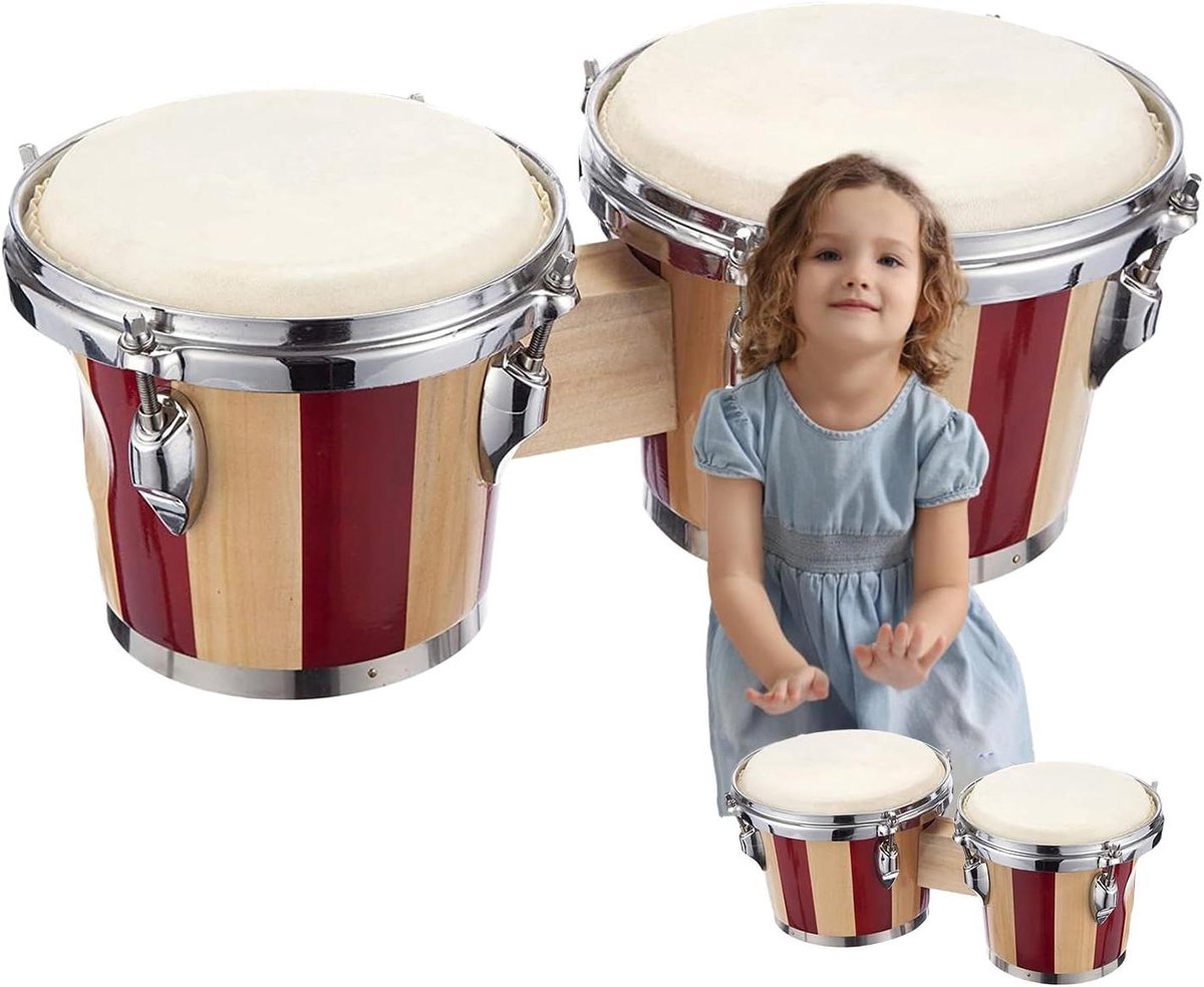 Bongo Trommel - Percussie Instrument - Muziek Leren - Mahonie Hout - 15 en 18 cm - Rood Wit