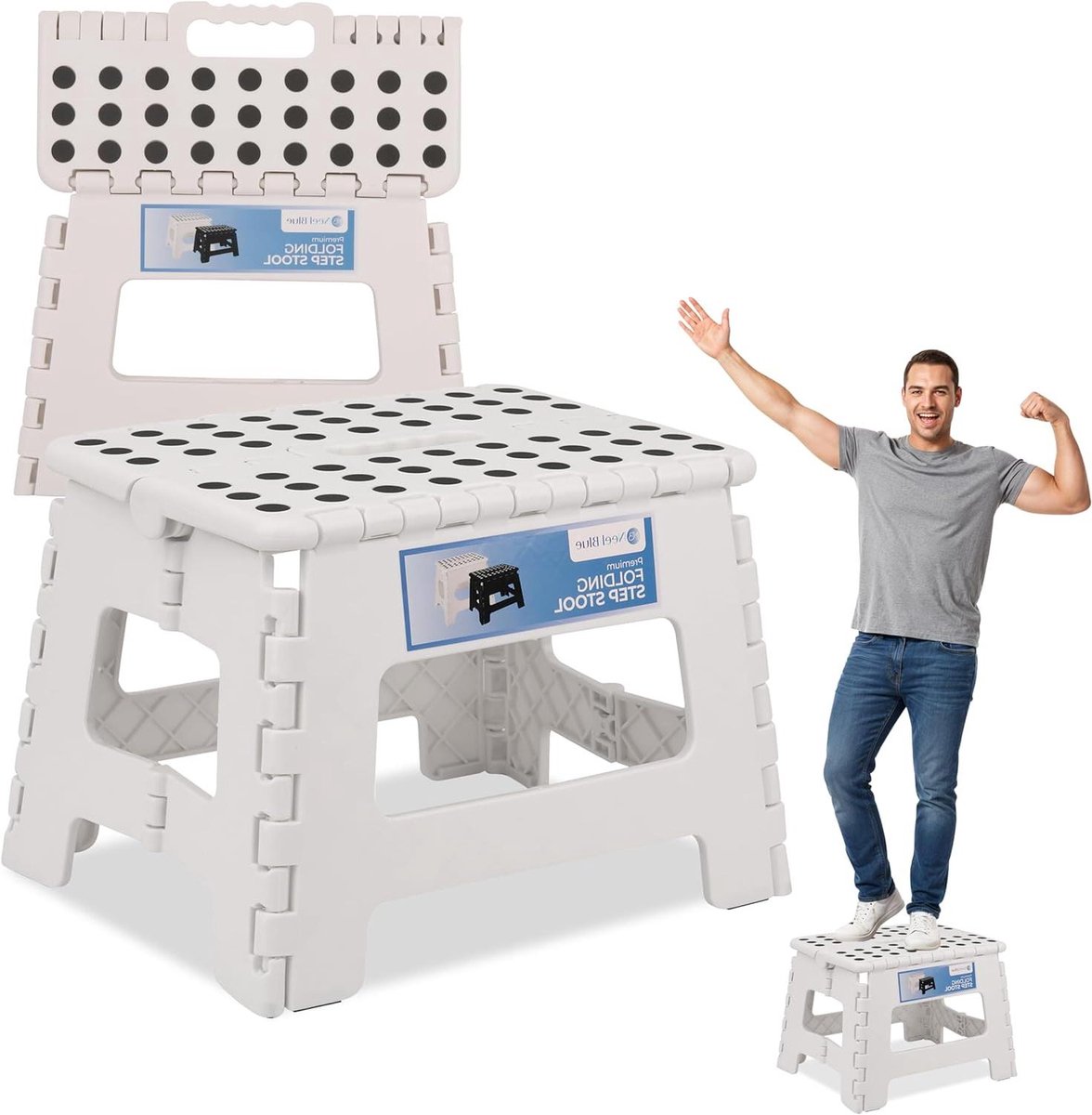 Opklapbaar Krukje - Hulpkrukje Keuken - Extra Hoogte - Antislip Zitting - 28 cm Hoog - Wit