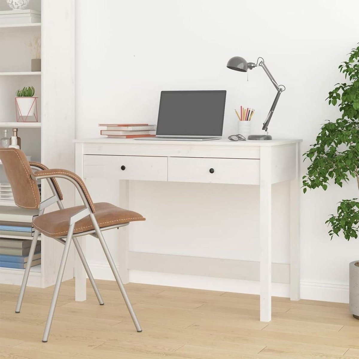 Bureau met laden - Werktafel bureau - Thuiswerken organiseren - Massief houten frame - 100 x 50 cm - Wit