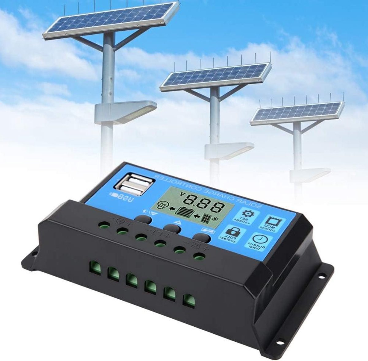 Laadcontroller - Zonne-energie Regelaar - Energiebeheer - Dubbele USB-uitgang - 40A - Blauw