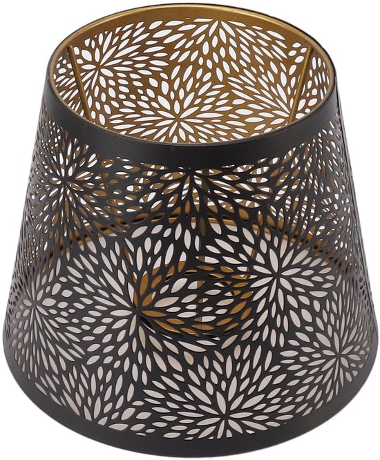 Abat-jour métallique noir avec un motif floral doré et des découpes de feuilles.