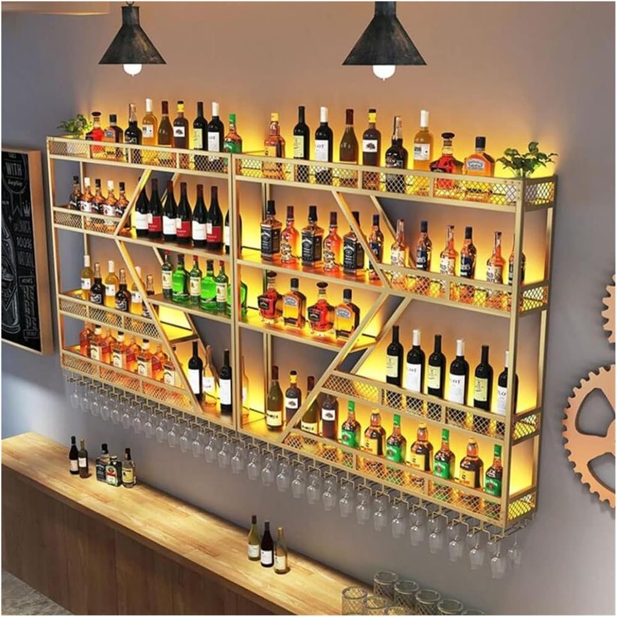 Wandwijnrek met LED Verlichting 300x20x86 cm – Industrieel Metaal Wijnrek voor Wandmontage met Glazenhouder en Zwevende Planken – Moderne Thuisbar & Horeca Bar Kast Zwart/Goud – HomebyNicole