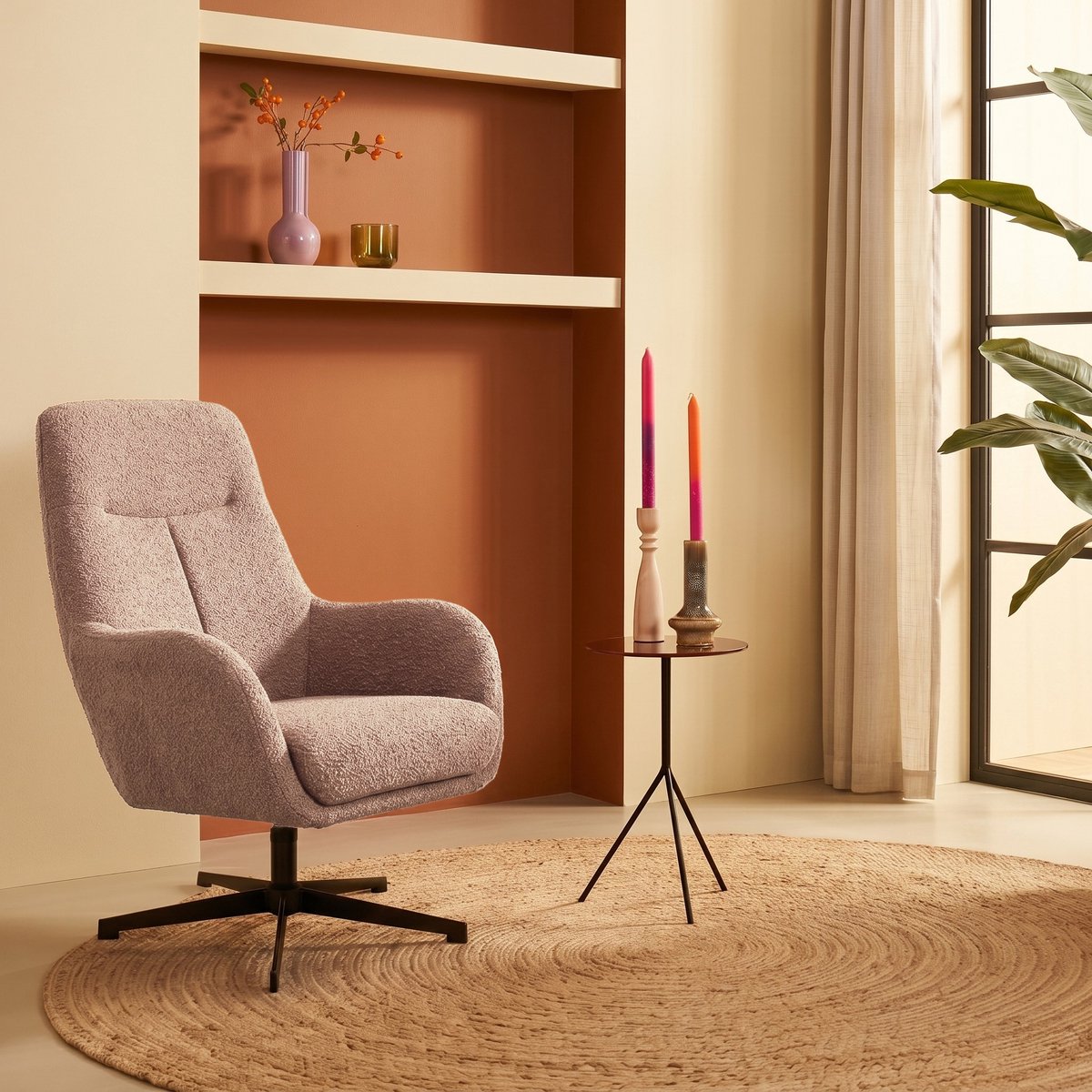 Draaifauteuil Hoog Coco - Cognac Stoffen Fauteuil - Draaibaar