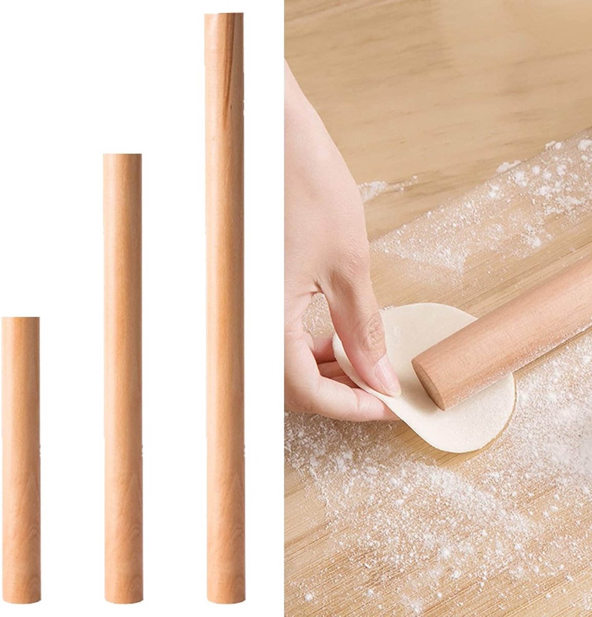 Houten deegroller set van 3 stuks voor pizza, pasta en brood bakken - ideaal keukengerei