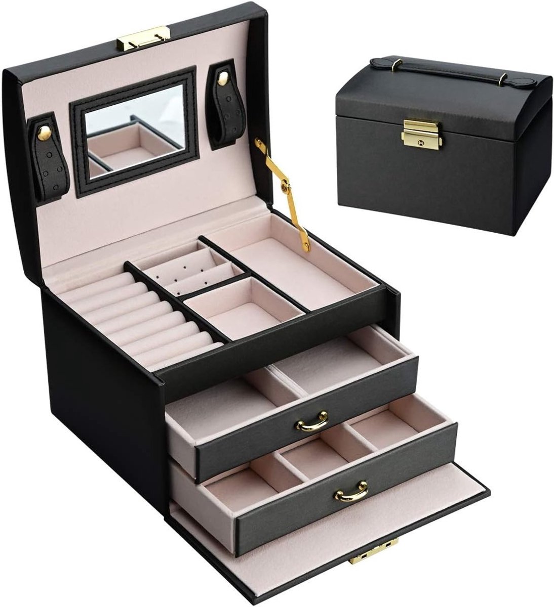 Kleine sieradenbox met slot, 2 lades en 3 lagen voor horloges, kettingen en ringen, perfect als cadeauidee