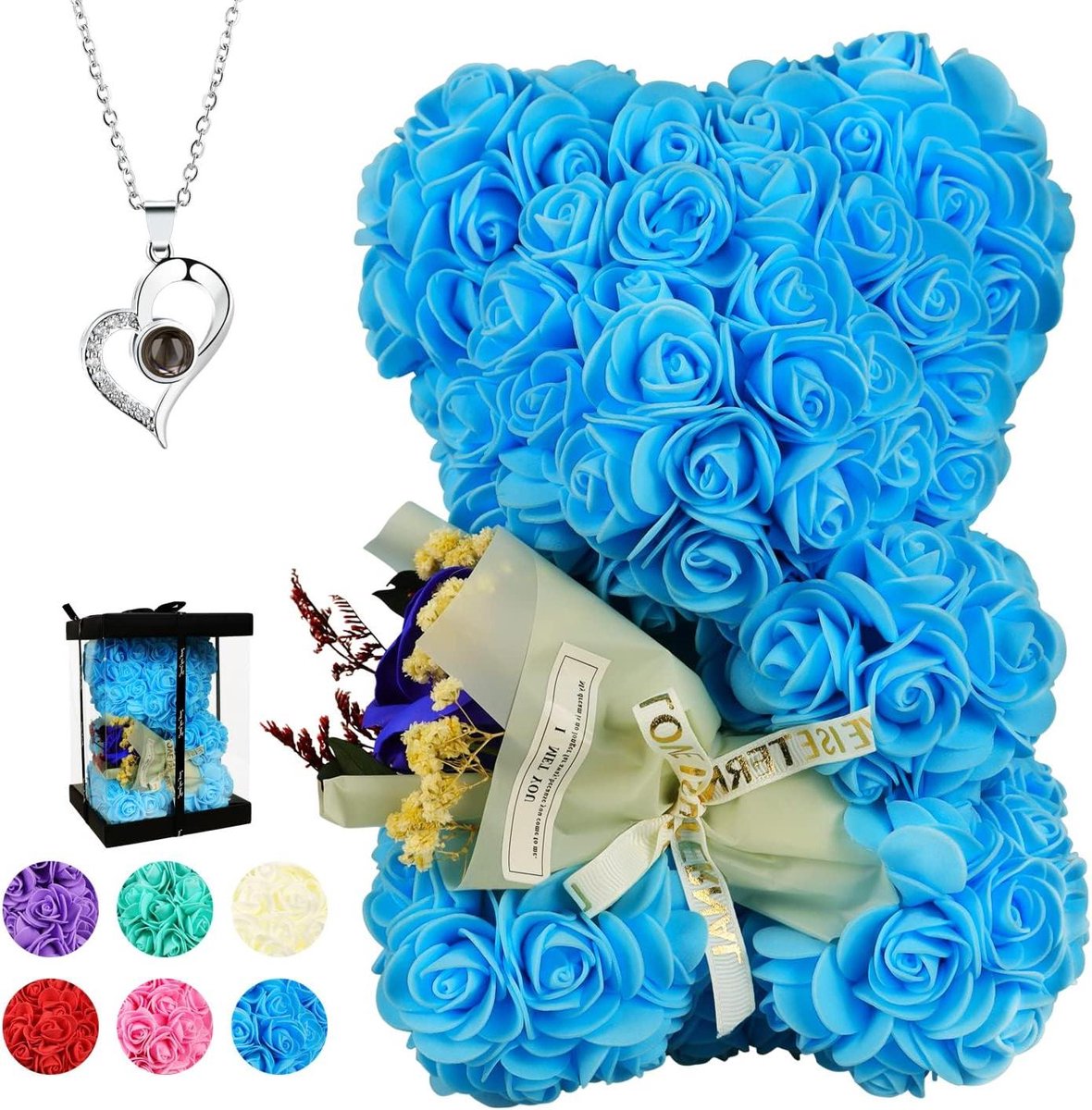 Rozenbeer - Bloemenbeer Teddy - Romantisch Cadeau - Handgemaakt Decoratie - 250+ Rozen - Blauw